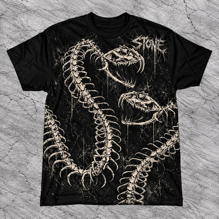 Front of black STONE tee with two oversized skeletal serpents