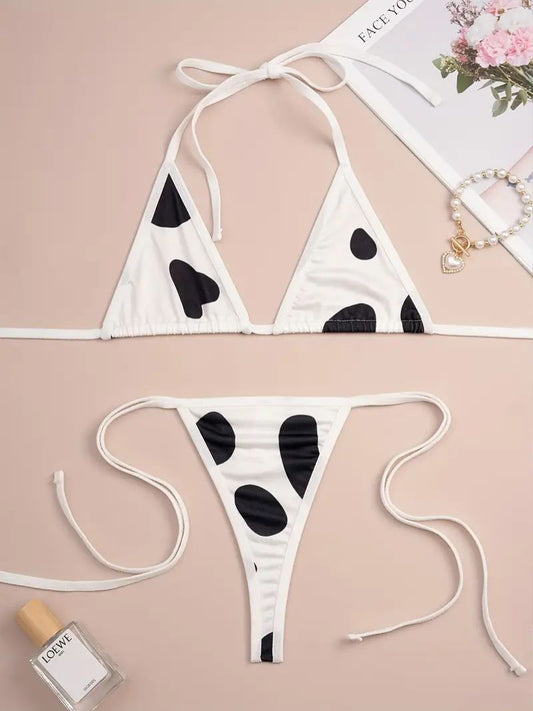 Playful Cow Print Deep V Lace-Up Lingerie Set