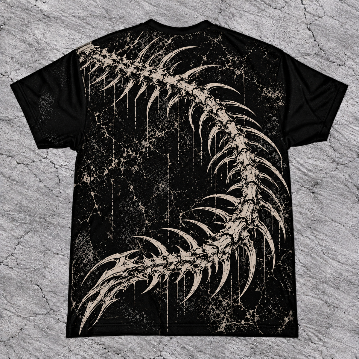 Back of black skeletal dragon tee with curved spiked skeleton tail artwork