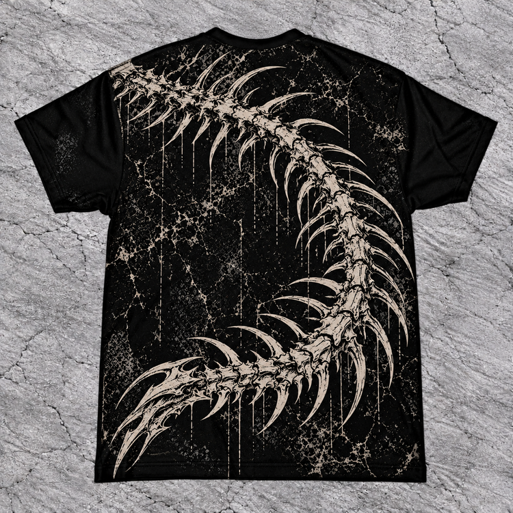 Back of black skeletal dragon tee with curved spiked skeleton tail artwork