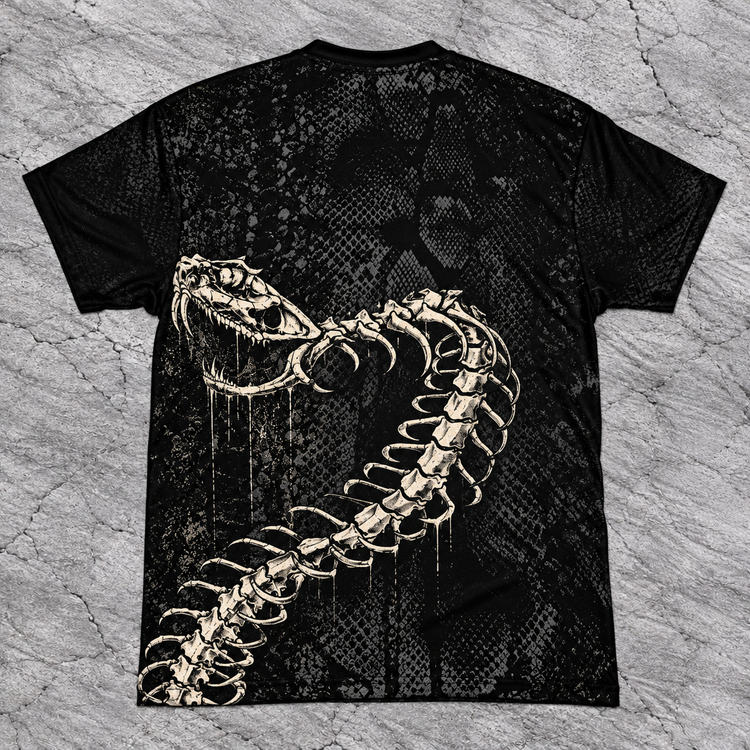 Back of black skeletal serpents tee with one winding skeletal snake and dark textured pattern