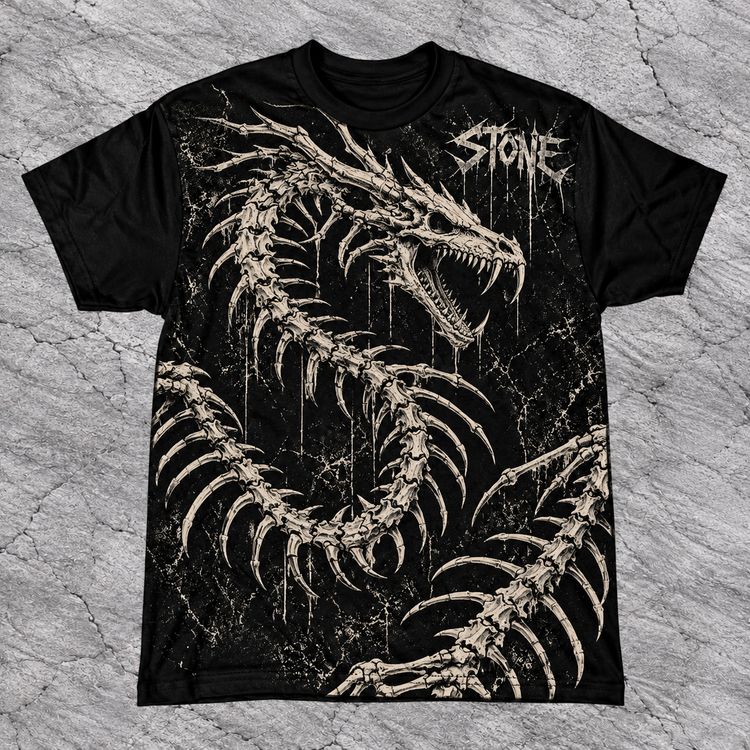 Front of black STONE skeletal dragon tee with oversized bone-toned dragon artwork