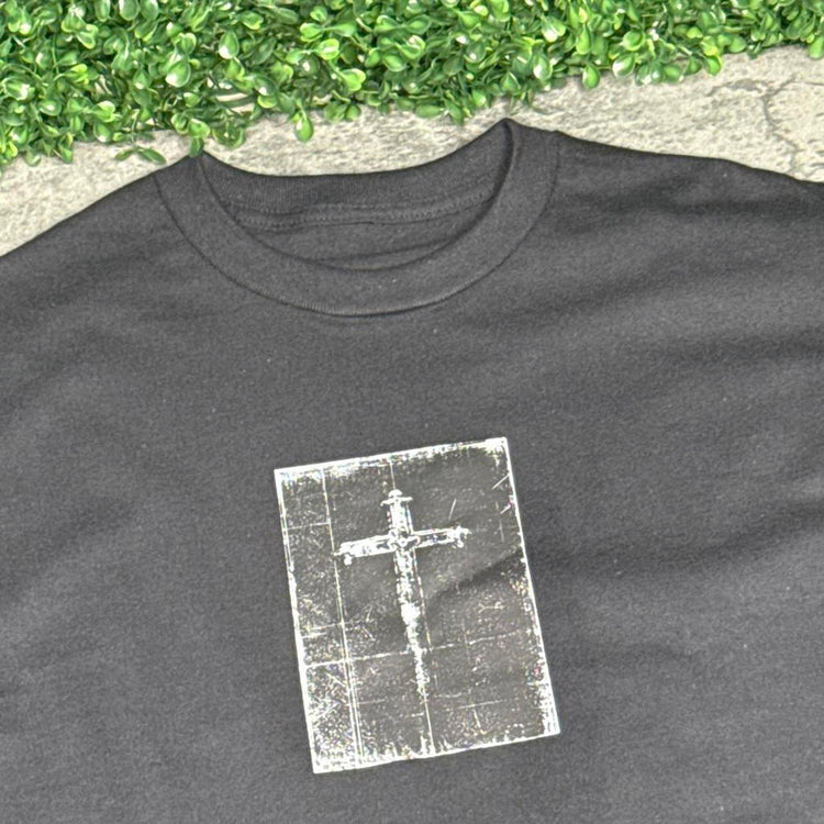 Distressed Cross Small Print Tee angled detail