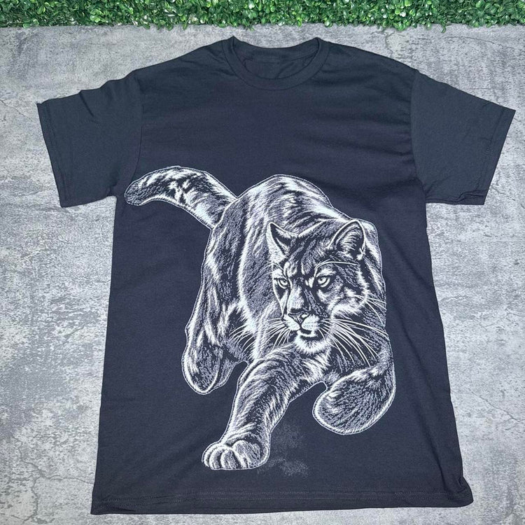 Black tee with a large monochrome prowling panther across the lower front