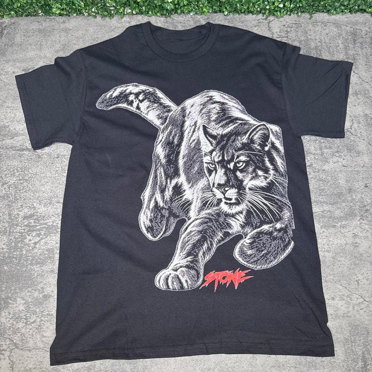 Black tee featuring a monochrome prowling panther and red STONE mark