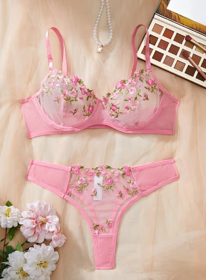 Floral Print Lace Trim Sexy Lingerie Set | Pink Girl Essentials