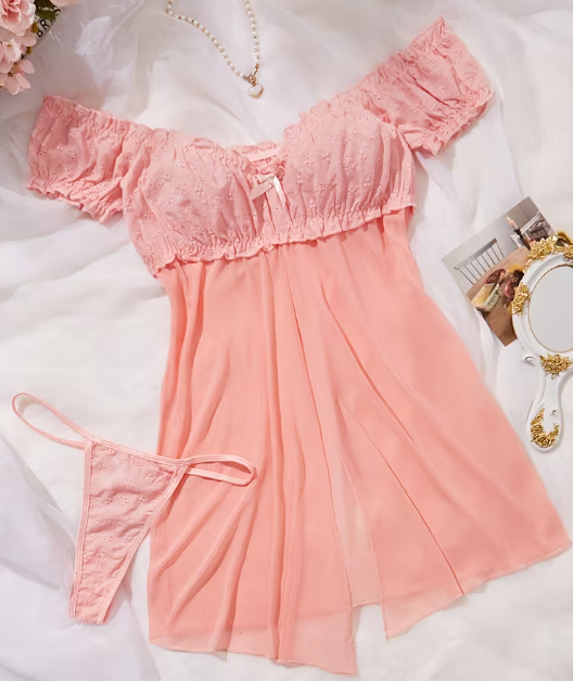 Semi-Sheer Lace Off-Shoulder Lingerie Set with Choker | Pink Girl Tease