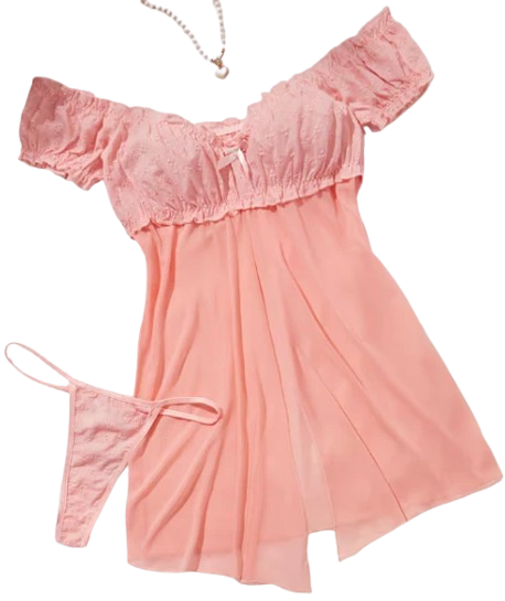 Semi-Sheer Lace Off-Shoulder Lingerie Set with Choker | Pink Girl Tease