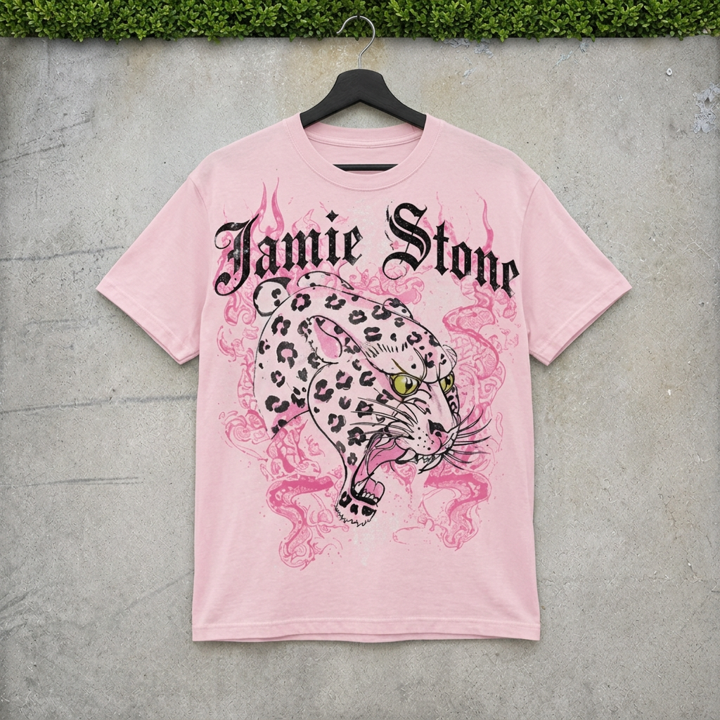 AI-generated hanging mockup of the Jamie Stone Pink Leopard Tee