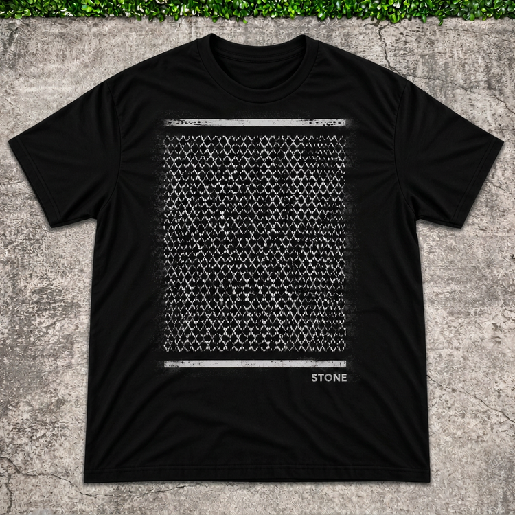 STONE Chainlink Tee main photo with AI-edited concrete and greenery backdrop