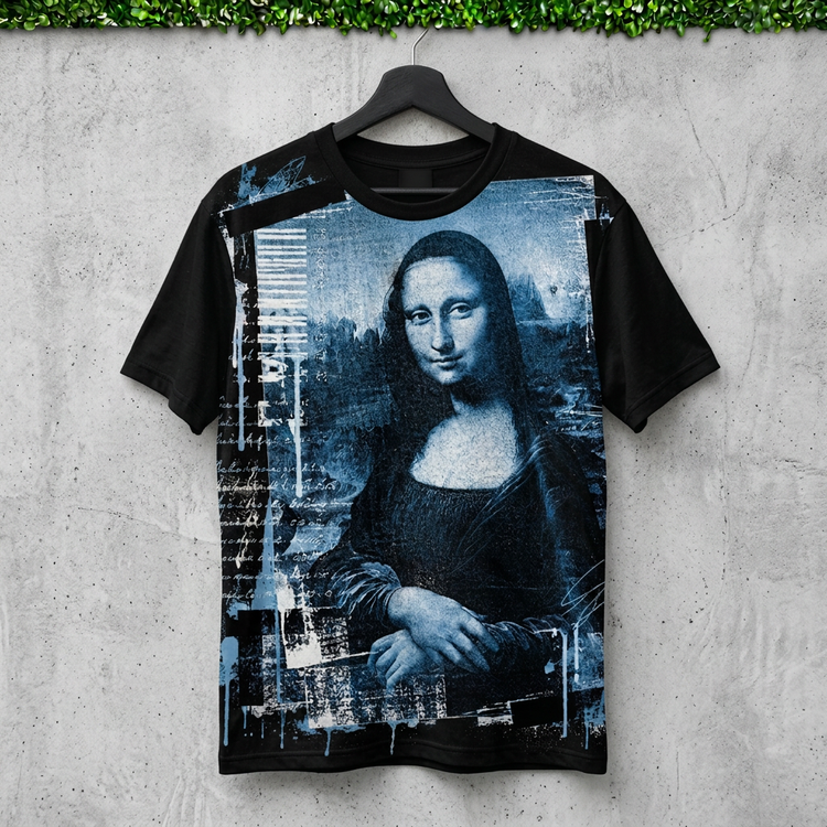 AI-generated hanging mockup of the Blue Mona Lisa Tee