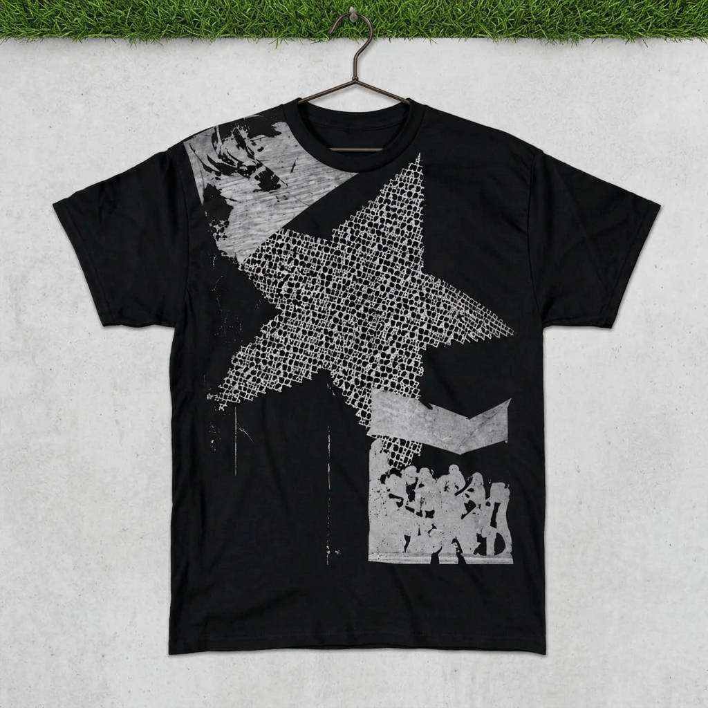 Black monochrome star collage tee on a hanger against concrete with grass above