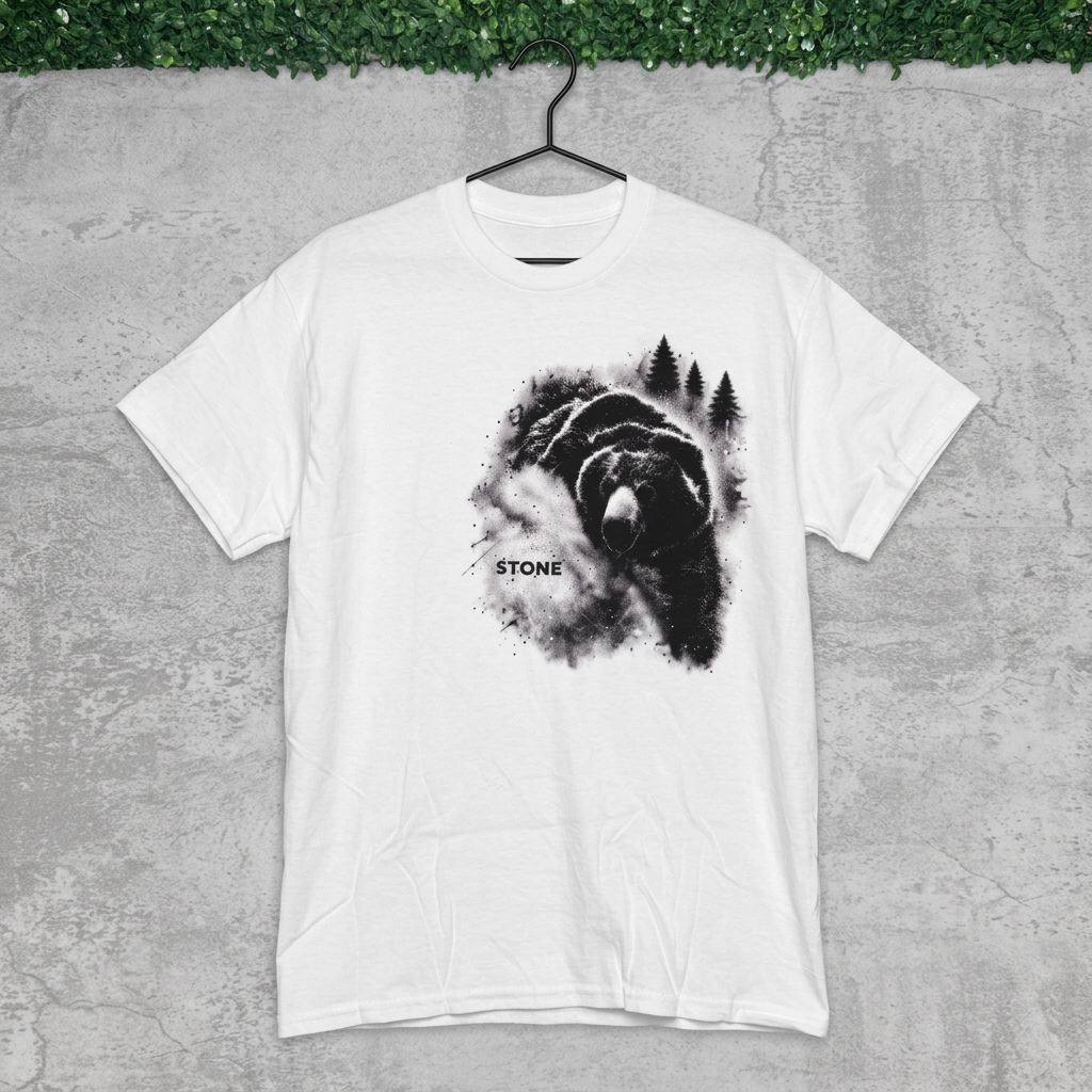 White STONE forest bear tee on a black hanger against gray concrete with grass above