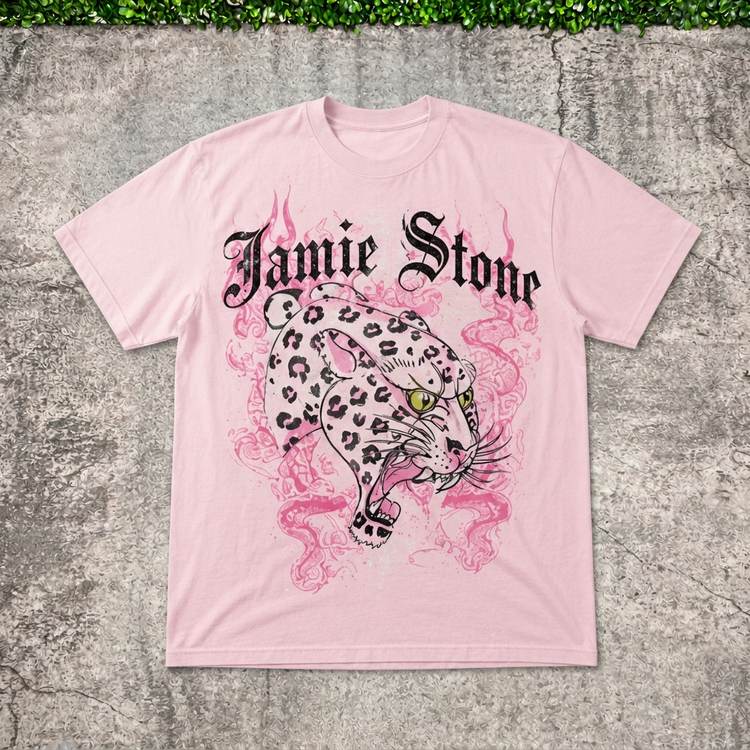Jamie Stone Pink Leopard Tee main photo with AI-edited concrete and greenery backdrop