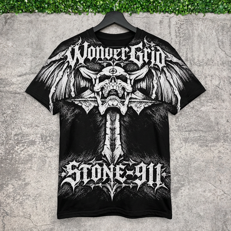 AI-generated hanging mockup of the Skullwing Tee