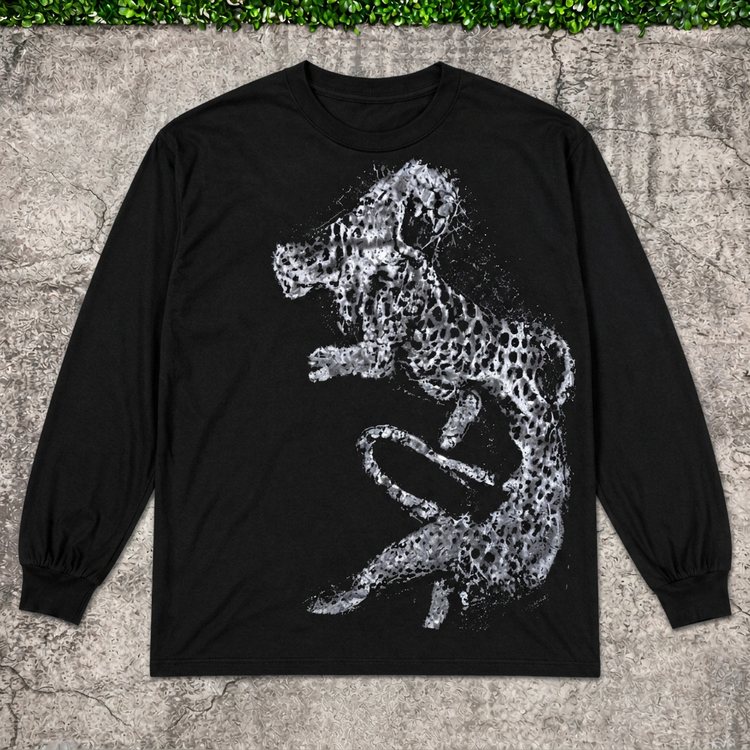 Silver Cheetah Long Sleeve main photo with AI-edited concrete and greenery backdrop