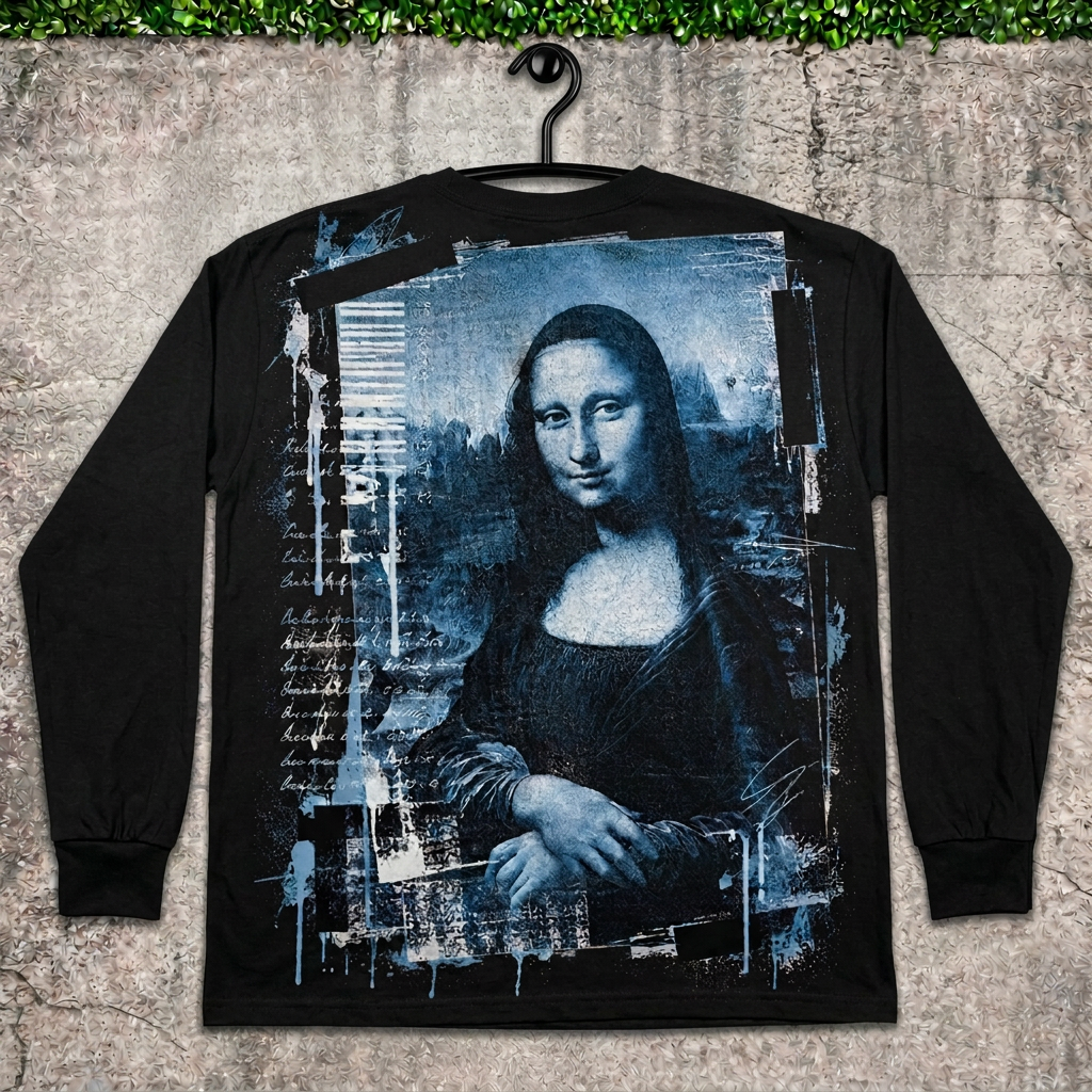 Blue Mona Lisa long sleeve on hanger