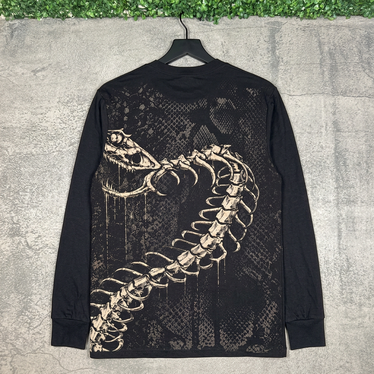 Back of STONE skeletal serpents long sleeve on a hanger