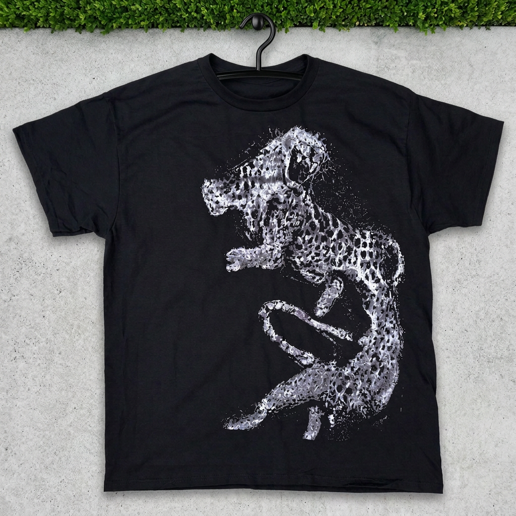 Black silver leaping cheetah tee on a hanger against concrete