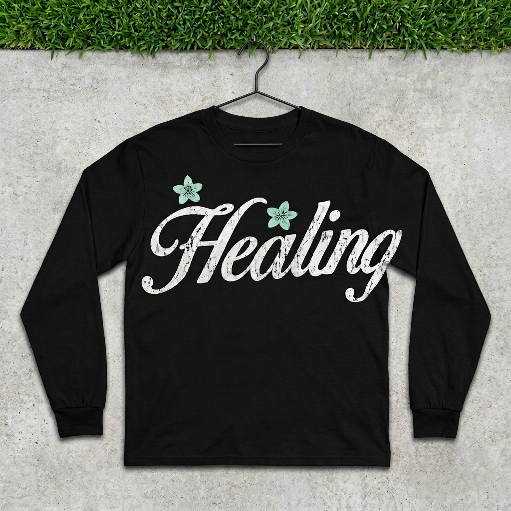 Healing Script Long Sleeve on a hanger