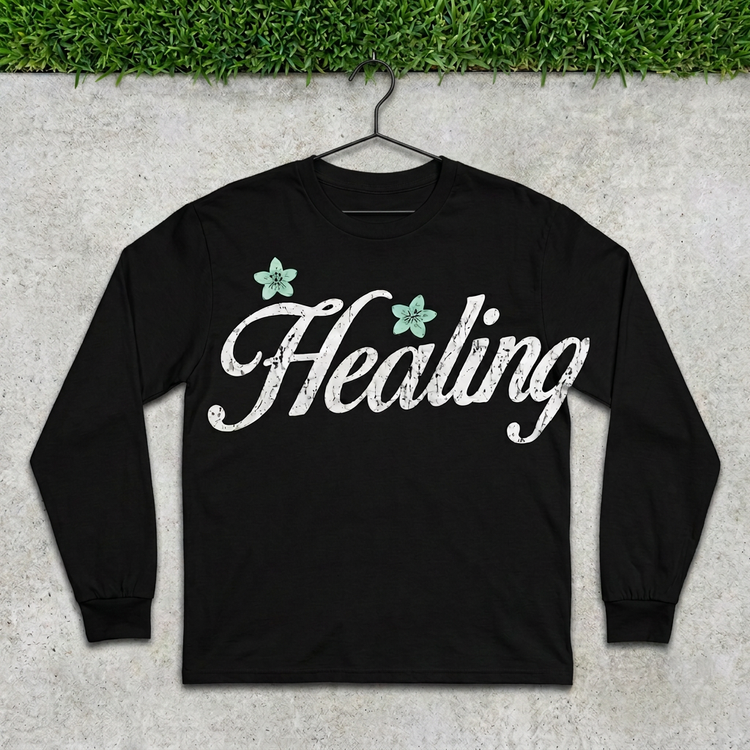 Healing Script Long Sleeve on a hanger