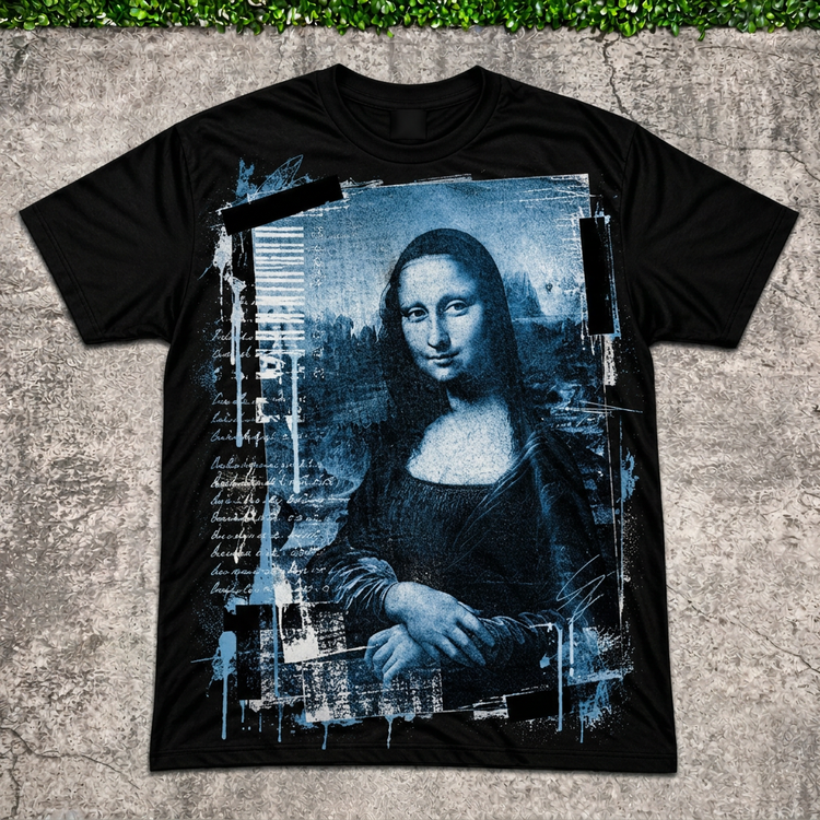 Blue Mona Lisa Tee main photo with AI-edited concrete and greenery backdrop