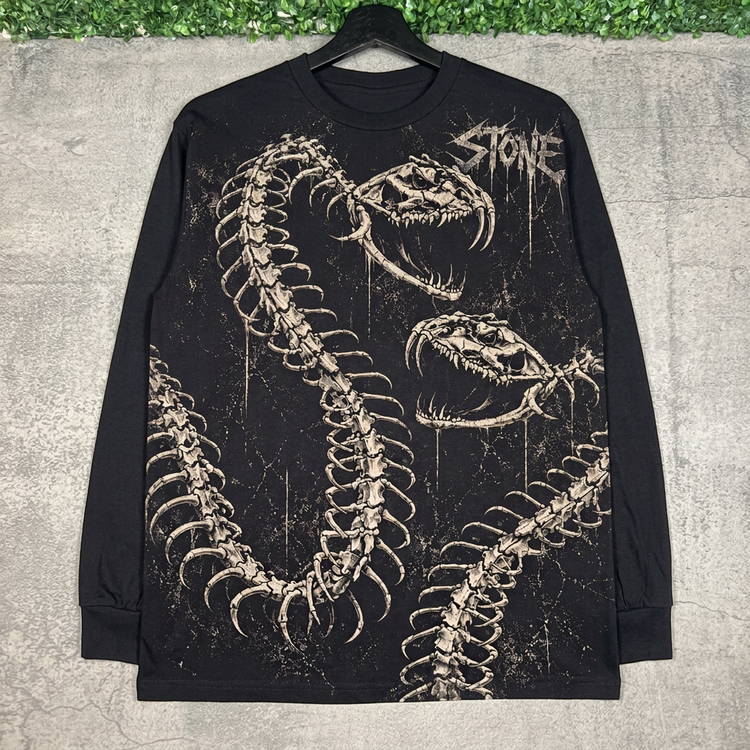 Front of STONE skeletal serpents long sleeve on a hanger