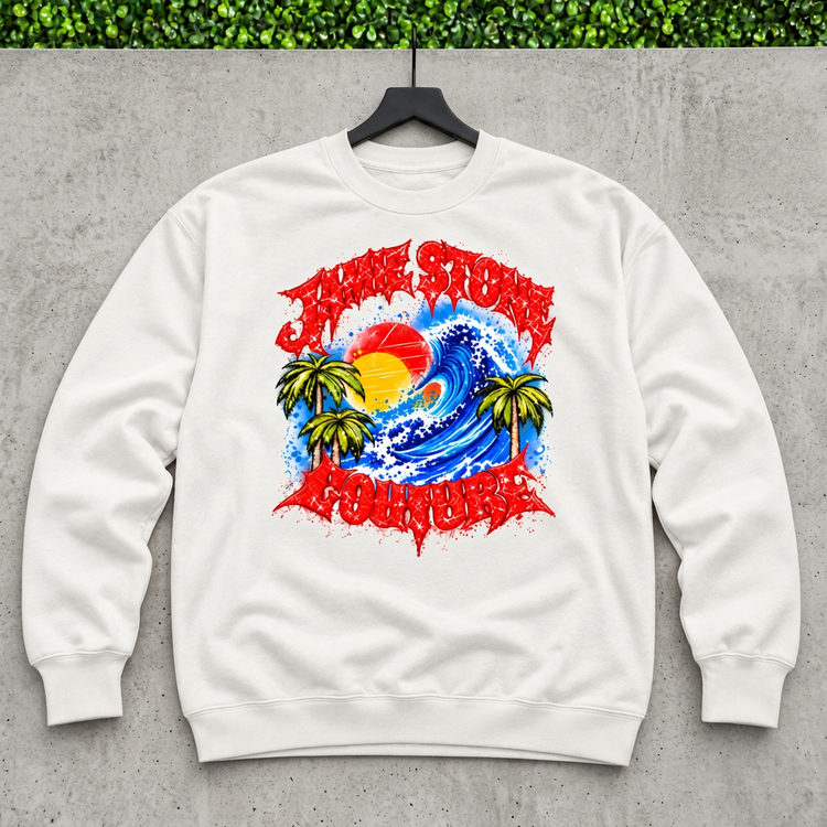 White Jamie Stone Couture wave sweatshirt on a hanger with concrete and grass background