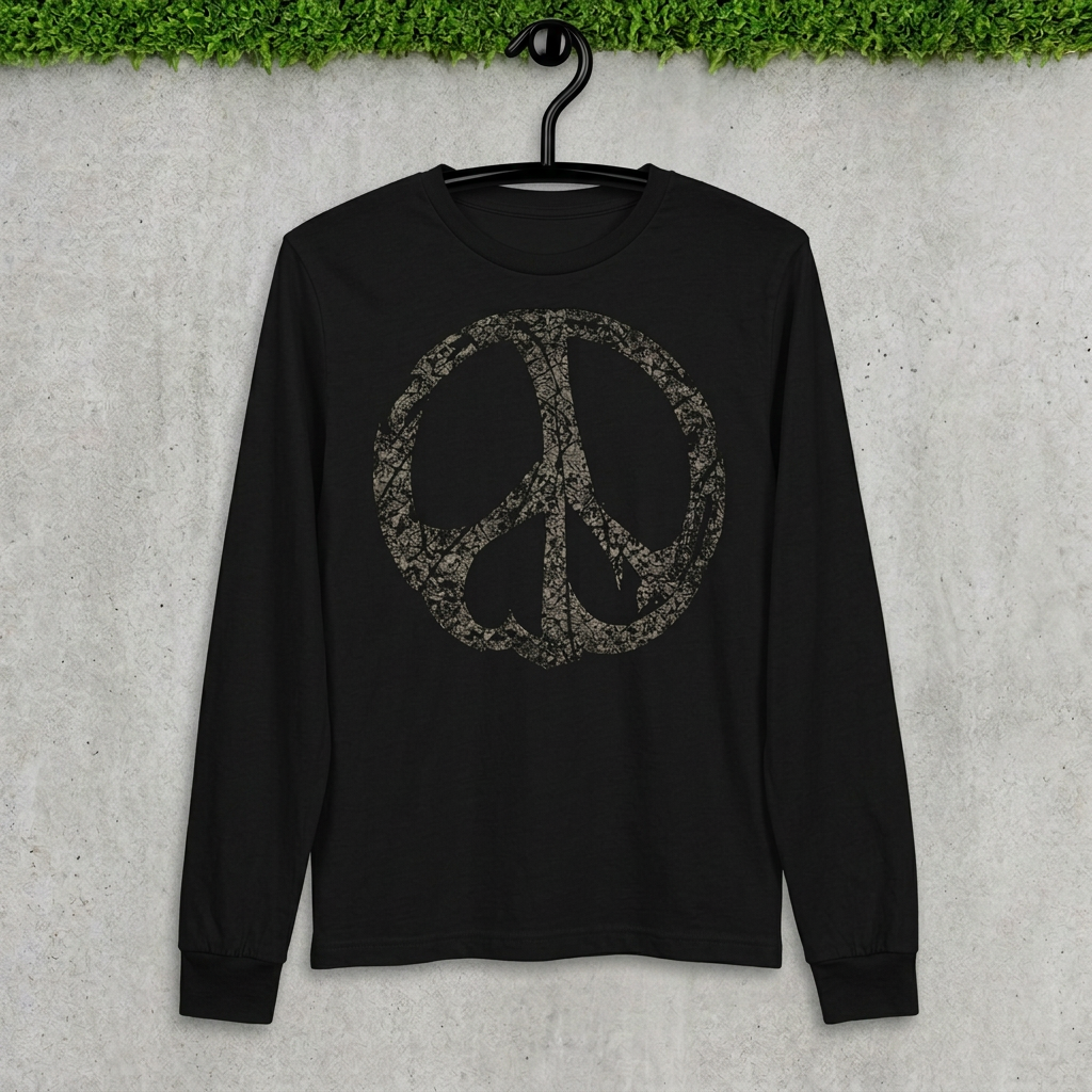 Distressed Peace Long Sleeve on a hanger