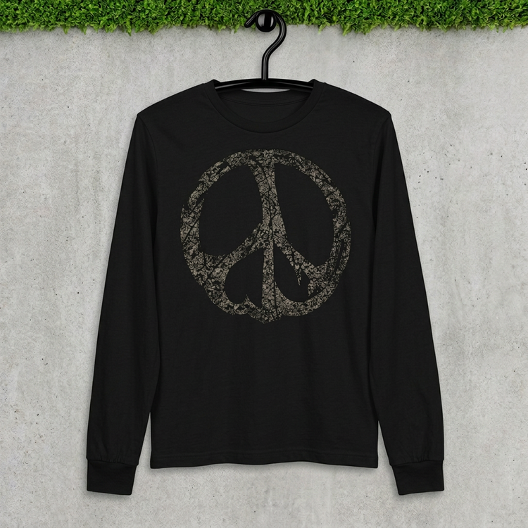 Distressed Peace Long Sleeve on a hanger
