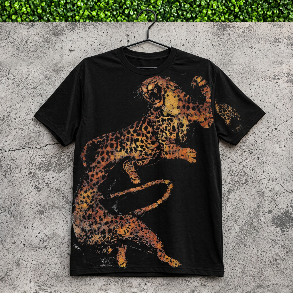 Black leaping cheetah tee on a black hanger against concrete and grass