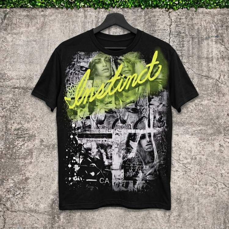 AI-generated hanging mockup of the Instinct Neon Script Tee