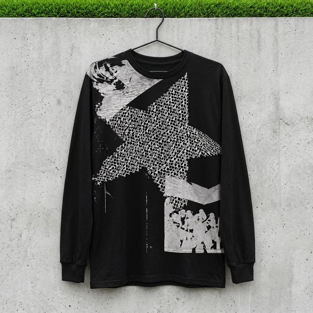 Black star collage long sleeve on a hanger against concrete with grass above