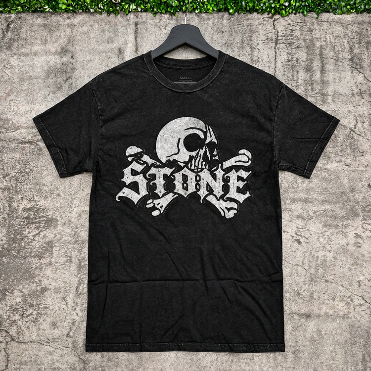 AI-generated hanging mockup of the STONE Skull Tee