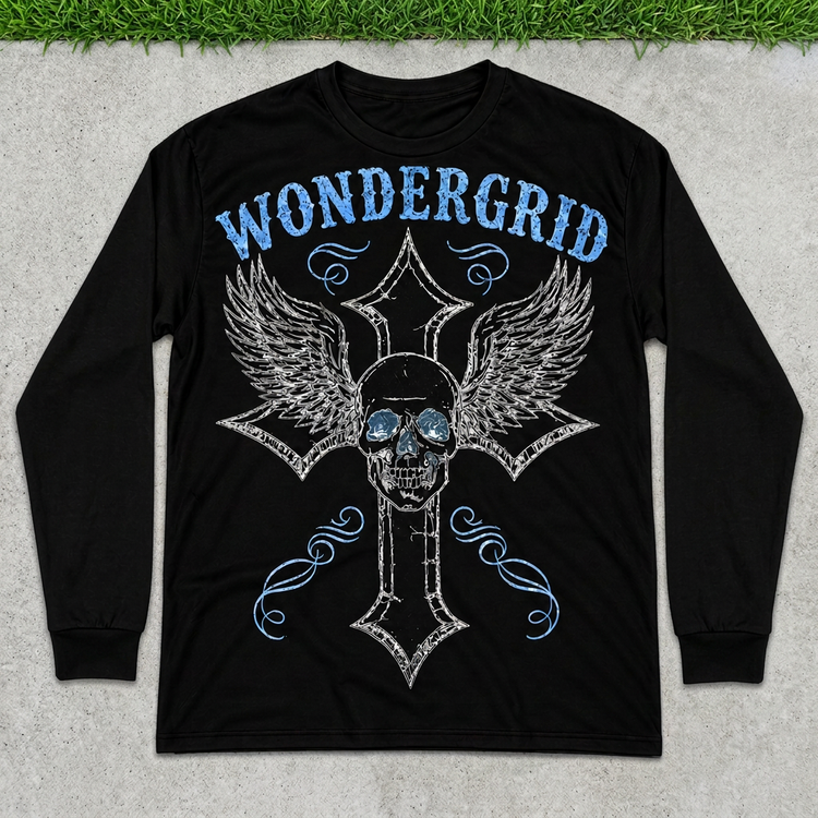 Blue Skullwing Cross long sleeve flat lay