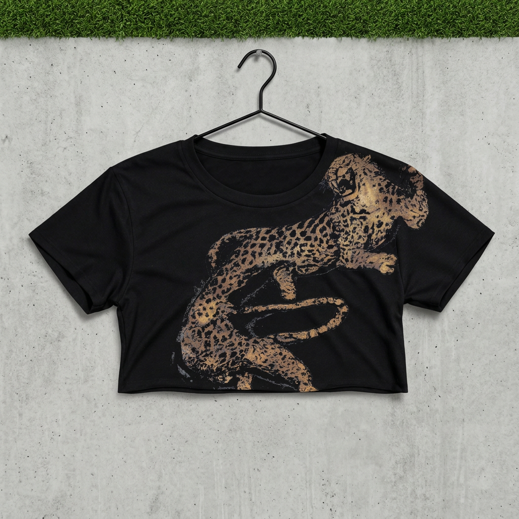 Leaping cheetah crop on a black hanger against concrete with grass above