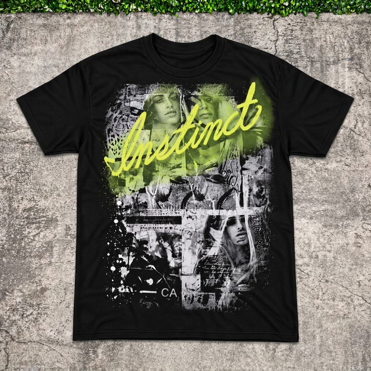 Instinct Neon Script Tee main photo with AI-edited concrete and greenery backdrop