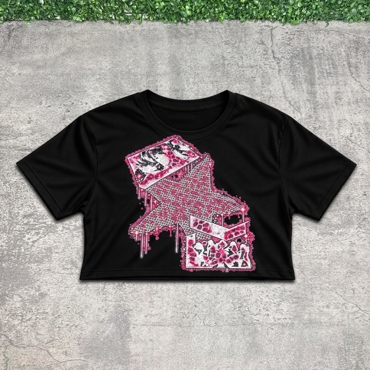 Pink star crop flat lay on concrete with grass above