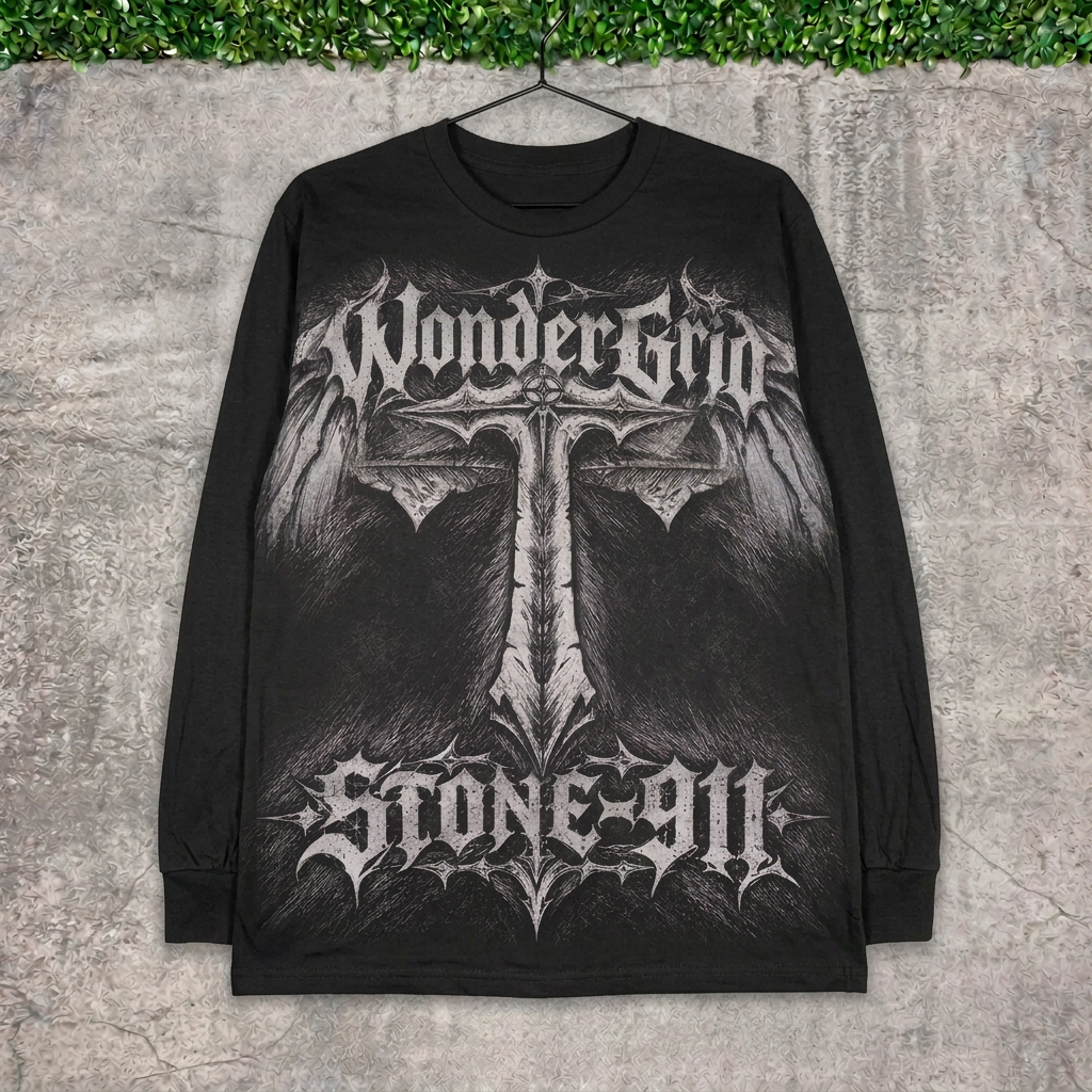 STONE-911 winged cross long-sleeve tee on a hanger against concrete with grass above