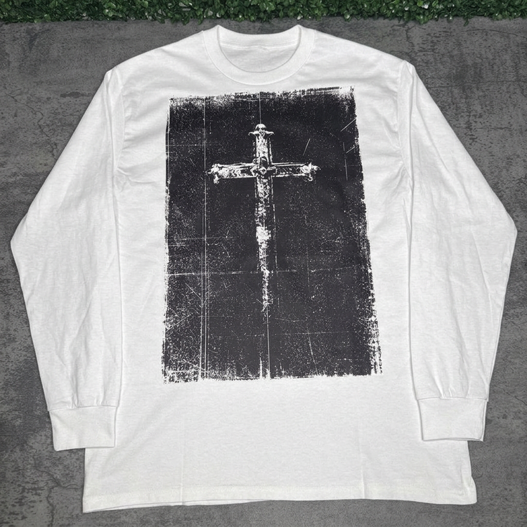 Distressed Cross White long sleeve flat lay