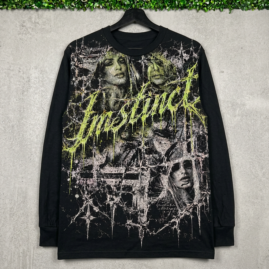 Black Instinct Thorn long sleeve on a hanger against concrete