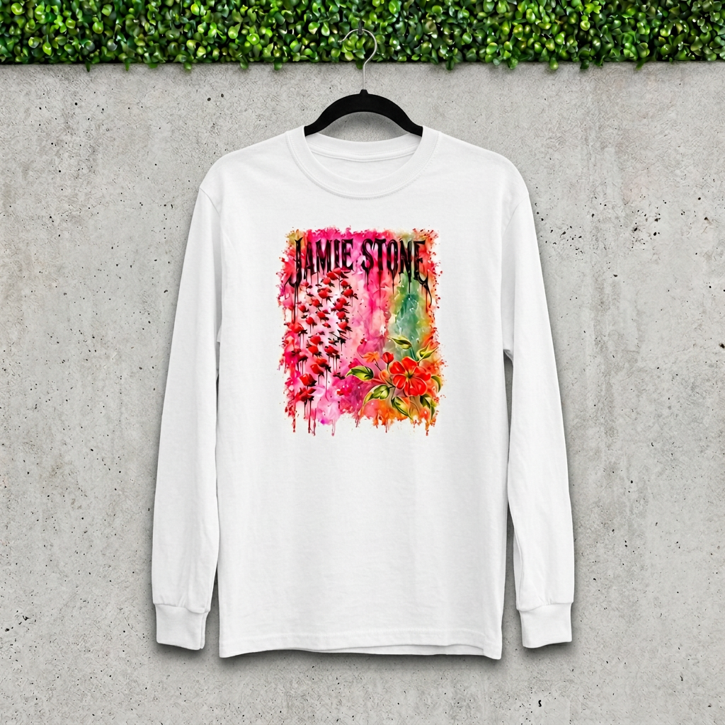 Jamie Stone Floral White Long Sleeve on a hanger