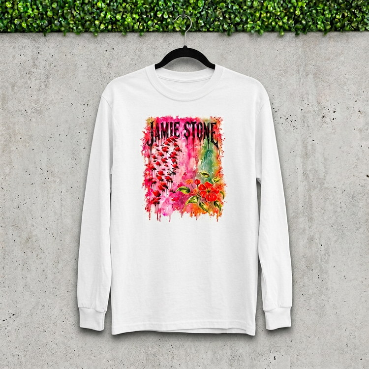 Jamie Stone Floral White Long Sleeve on a hanger