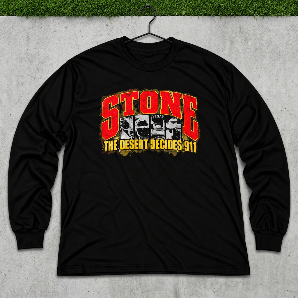 Black STONE Desert Decides long sleeve on a hanger against gray concrete with grass above
