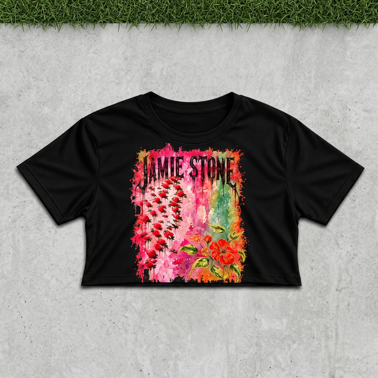 Jamie Stone floral crop flat lay on concrete with grass above