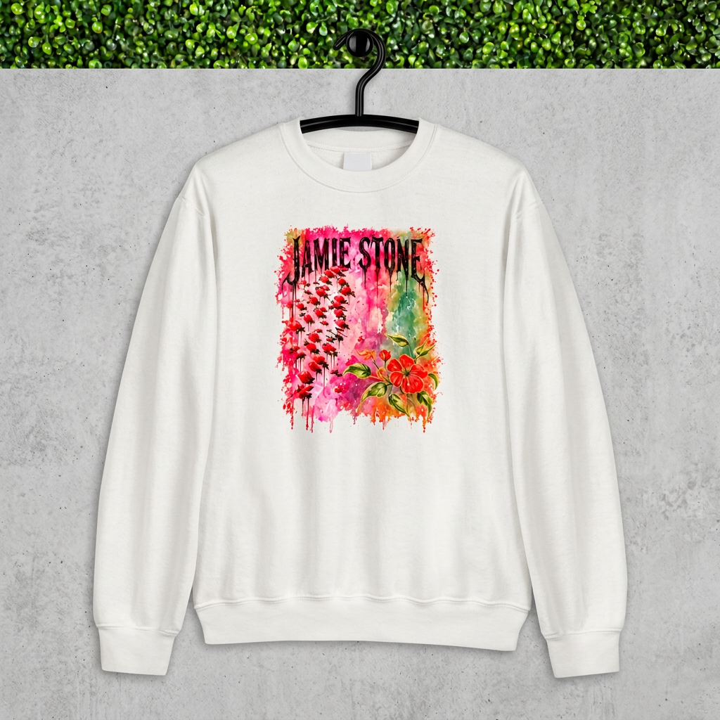 White Jamie Stone floral sweatshirt on a hanger against concrete with green grass above