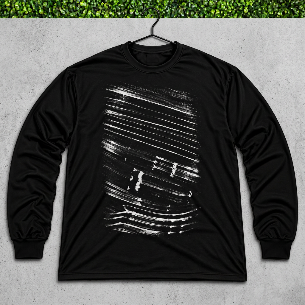Black brushstroke long-sleeve shirt on a hanger against concrete with green grass above