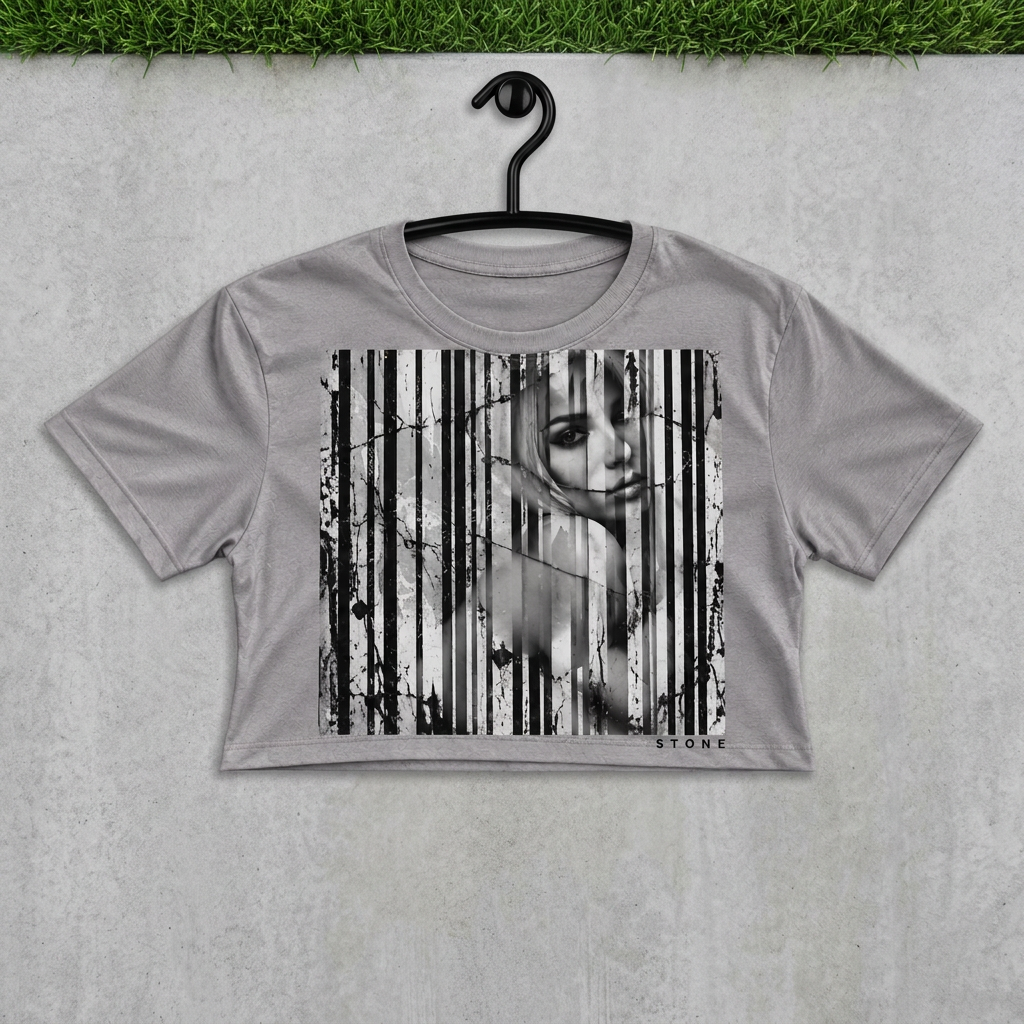 Gray barcode portrait crop on a black hanger against concrete with grass above
