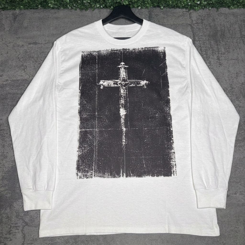 Distressed Cross White long sleeve hanger
