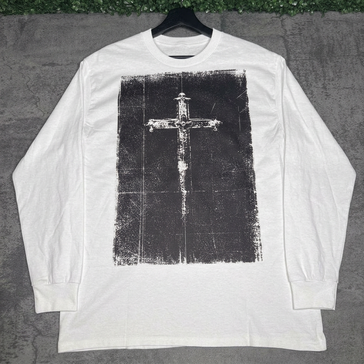 Distressed Cross White long sleeve hanger